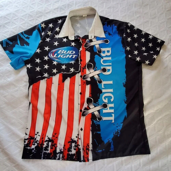 Bud Light American Flag Jersey Button Up Shirt Short Sleeve Patriotic  Size XXL - Picture 2 of 10